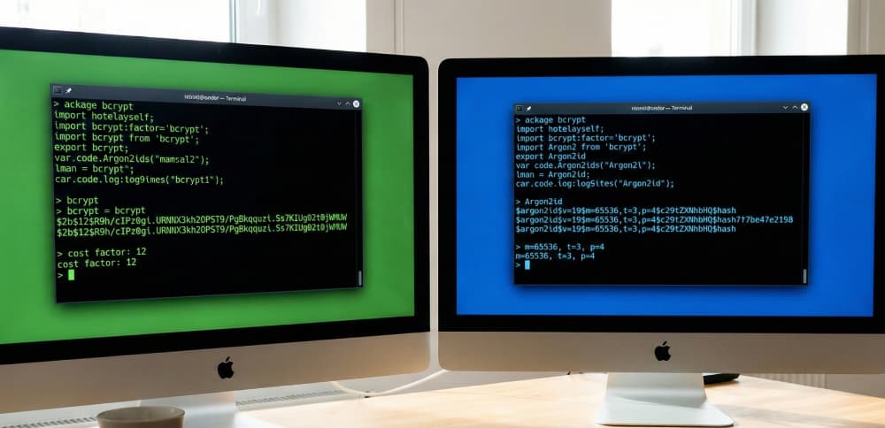Side-by-side comparison of bcrypt and Argon2id password hashing in terminal windows